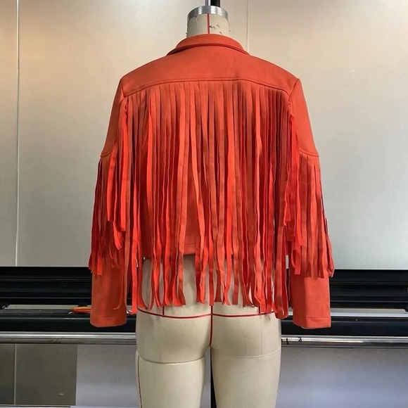 Orange Boho Tassel faux suede women fringe jacket long sleeve jacket - Picture 10 of 11